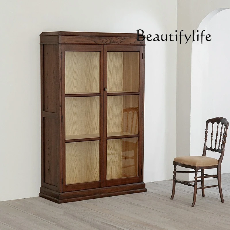

American rural retro old home solid wood glass display cabinet bookcase, Japanese antique replica high dining side cabinet