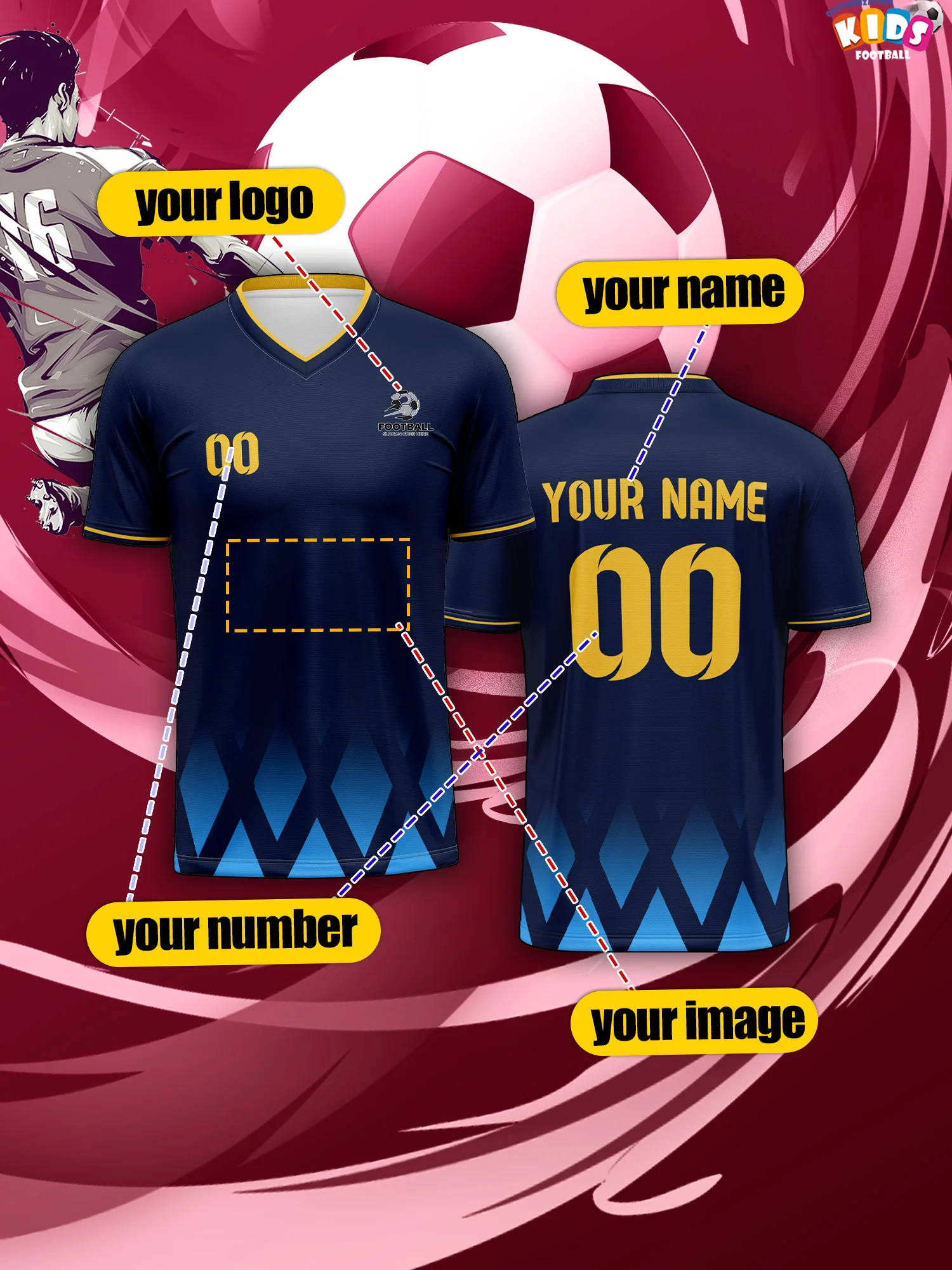 2026 Children's Custom Name and Number Sports V-Neck Jersey, Quick-Drying, Stylish, Heat-Sublimation Technology, Casual Wear