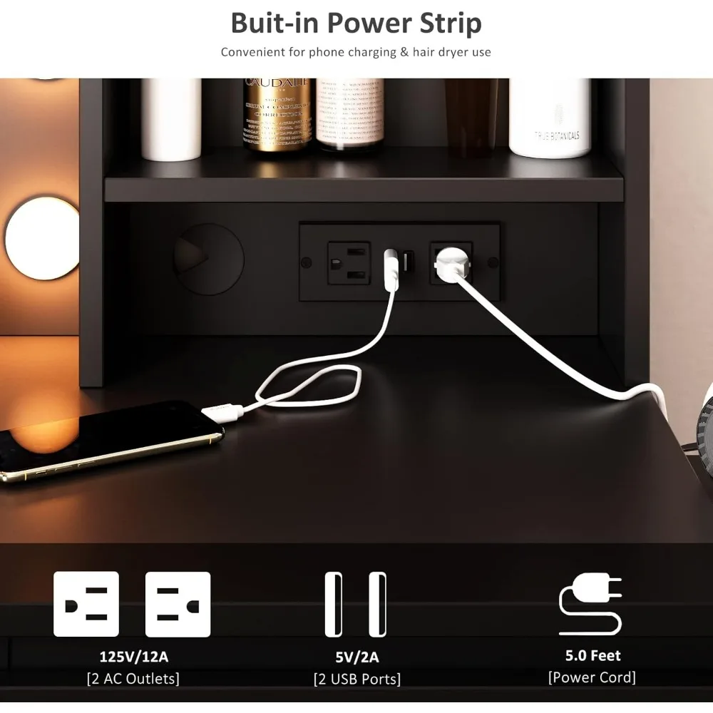 Makeup Vanity ,  with Power Strip, 4 Drawers, Lighted Mirror, 3 Lighting Colors