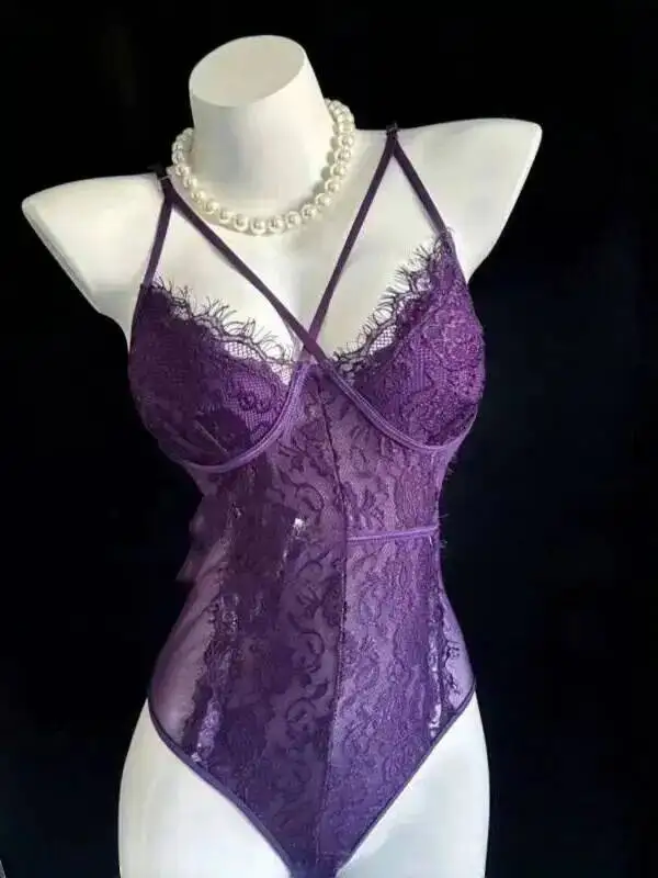 Plus Size 100kg Eyelash Lace Thin Lace Hot Girl Midnight Passion Charm Sexy Purple Women Rompers Clothing Body Suits OXE8