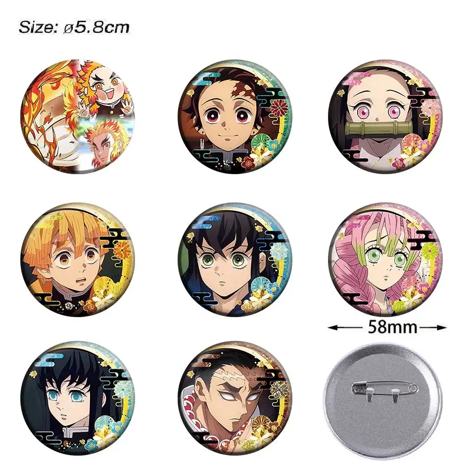 

58mm Demon Slayer Anime Brooch Character Rengoku Kyoujurou Kanroji Mitsuri Metal Badge Accessories Hat Bag Lapel Decoration Gift