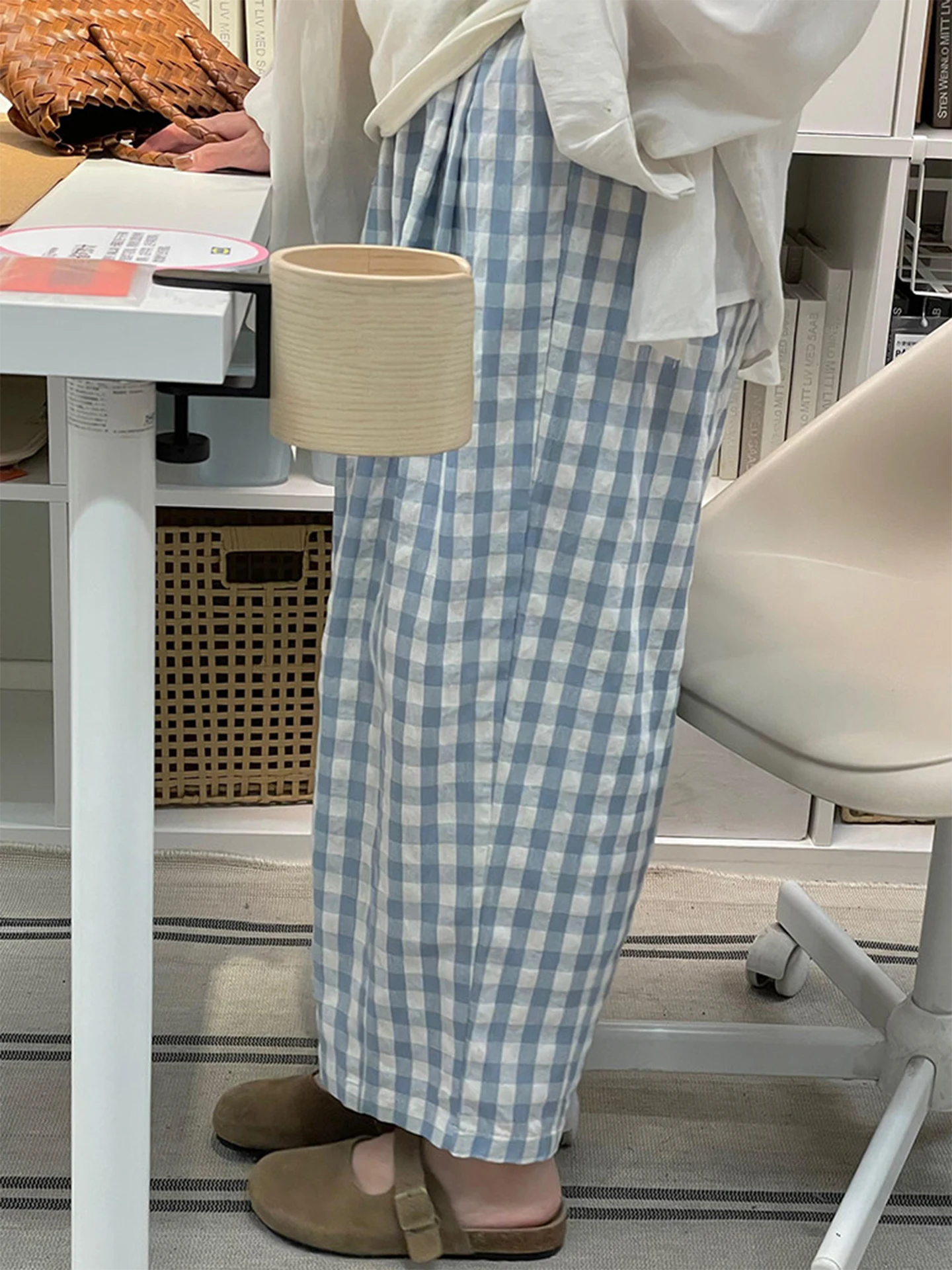 

Blue Plaid Cloud Pants High Waist Wide Leg Casual Trousers for plus Size Women Summer Thin Style Balloon Pants Pear Shape Body