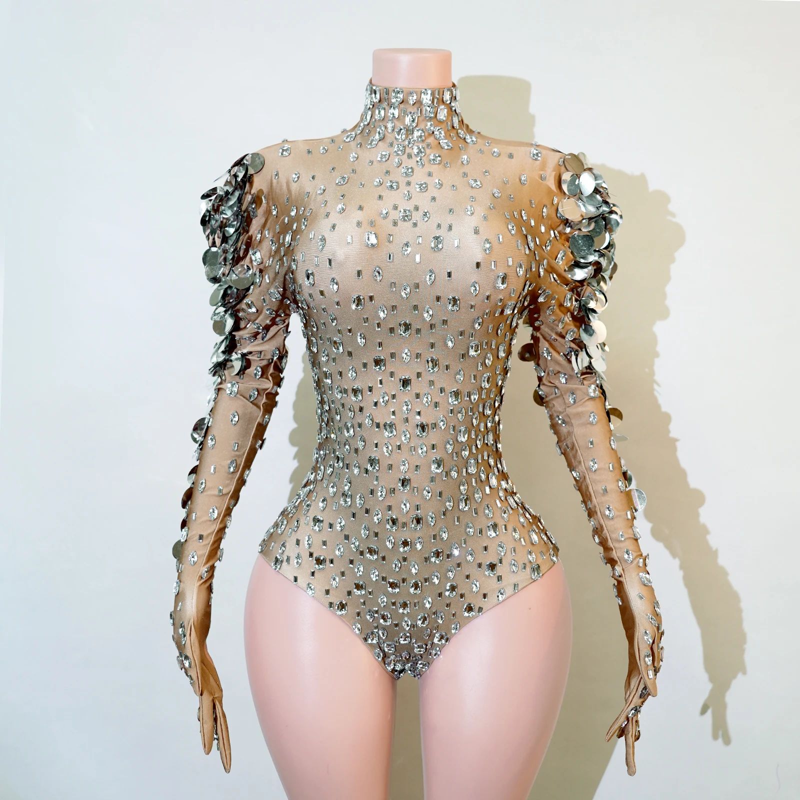 Spandex  Heavy Stage Wear for Singers Sequins Costume Long Sleeve Bodysuit Shiny full Rhinestone Sexy Pole Dance Nightclub women