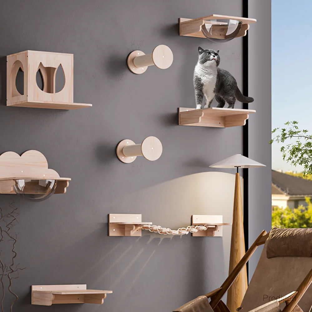 Wall Mounted Cat Climbing Shelves Cat Hammock with Stairway and Scratching Post Jumping Platform for Kittens Playing and Perch