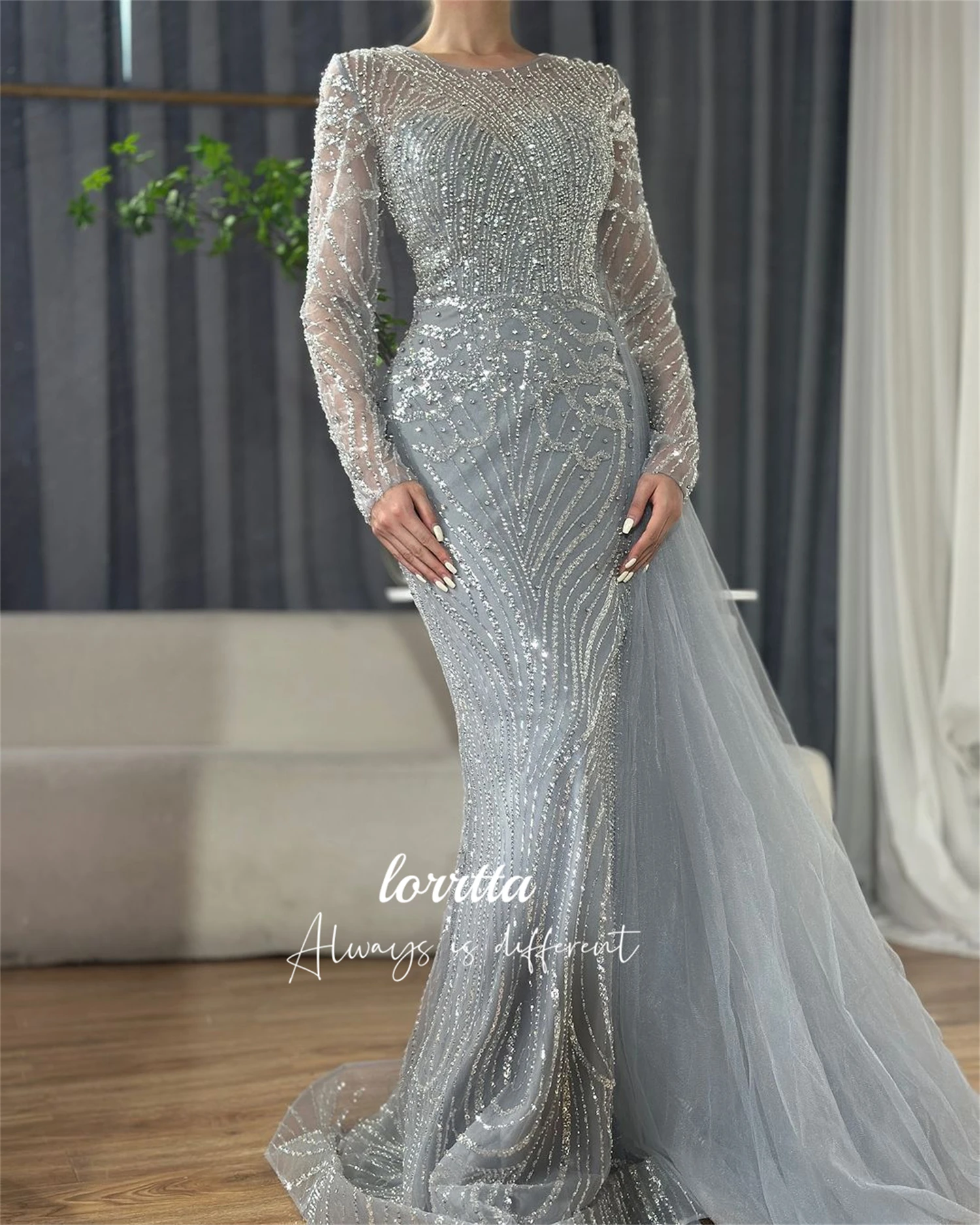 Loretta Lange mouwen Kralenborduurstof Avondjurk Luxe Fishtail Cut Jurken Gala Robes De Cocktail Party Aangepast