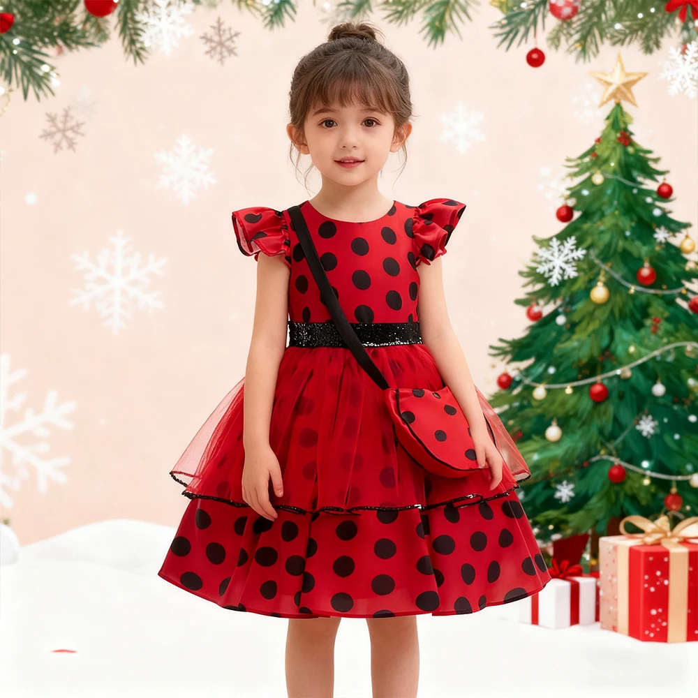 

Christmas New Year Dress For Girls Polka Dot Red Princess Dress With Bag Kids Birthday Party Dress Xmas Costume Festive Gifts