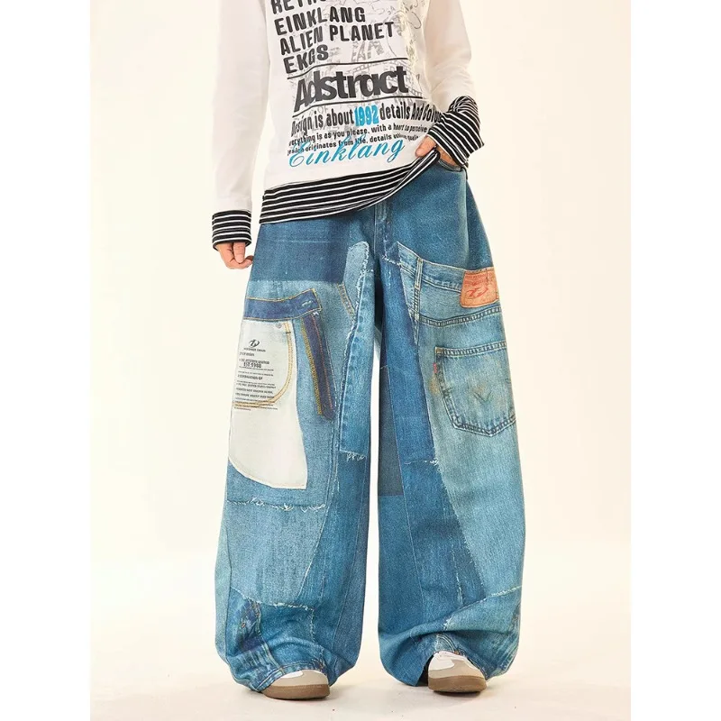 Y2K American style retro patch patchwork printed jeans street wear new women loose straight leg wide leg long pants men clothing