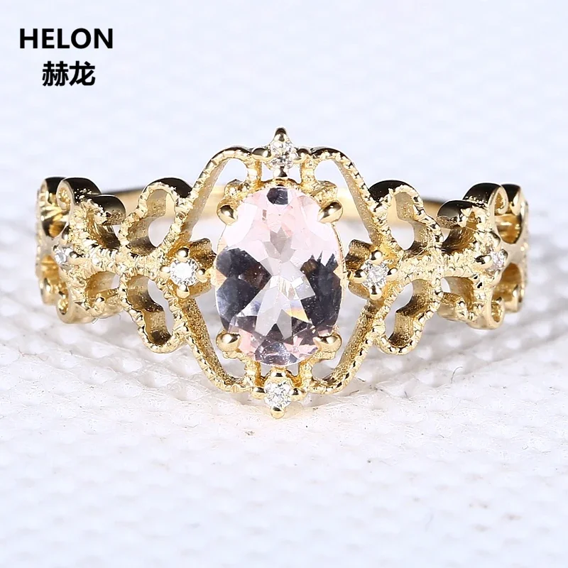 Art Deco Solid 10k Yellow Gold Morganite Ring Natural Diamond Engagement Wedding Ring for Women Vintage Fine Jewelry Vintage