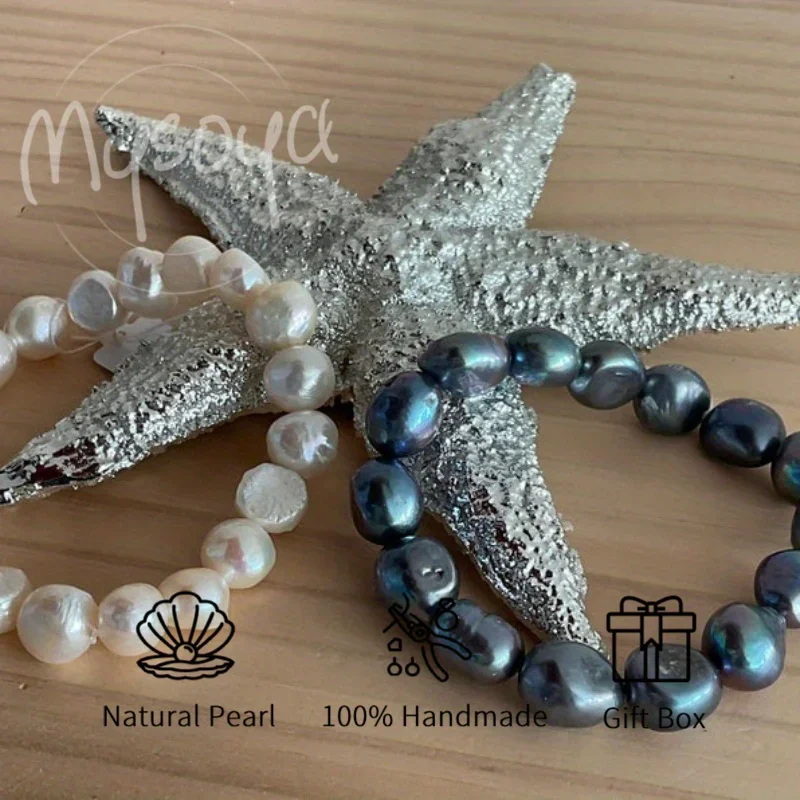 

MYSOYA 8-9mm Natural White Black Baroque Freshwater Pearl Bracelet With Gift Box Perfect Birthday Wedding Jewelry Gift