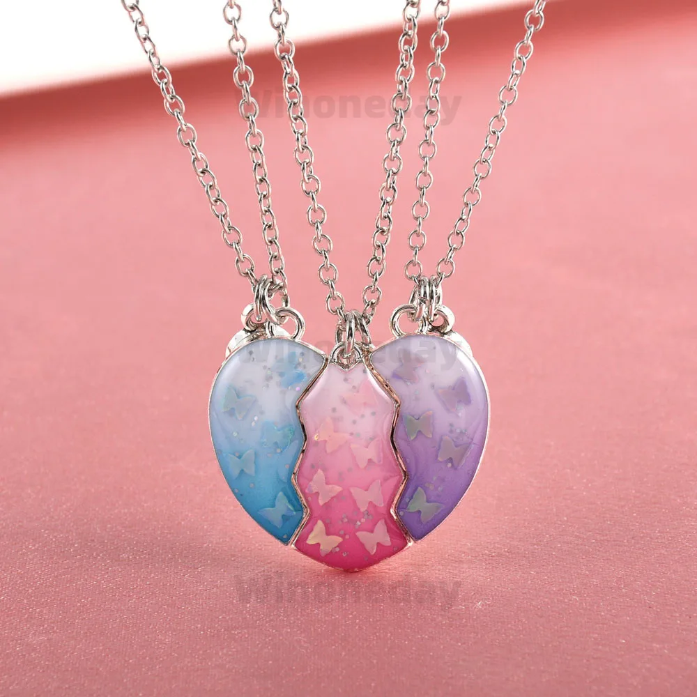 Winoneday 3Pcs/set Colorful Butterfly Heart-Shape Sequin Stitching Best Friend Necklace for Girls Fashion Friendship Gifts