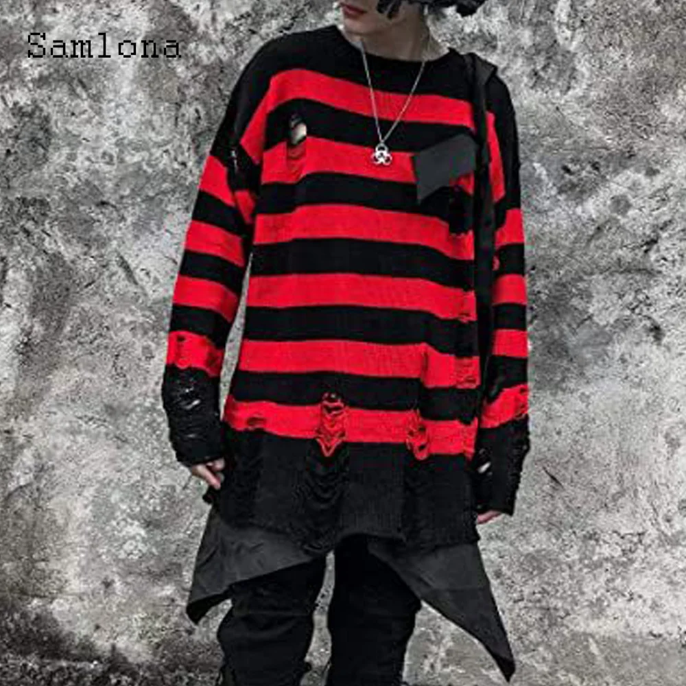 

Plus Size 3xl Men Casual Knitted Sweater Mens Knitwear 2024 New Spring Fashion Stripes Tops Pullovers Sexy Ripped Sweater Hommes