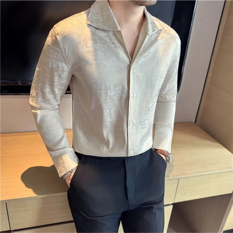 2025 Autumn/Winter V-neck Men's 3D Jacquard Long Sleeve Shirt Fashion Casual Business Dress Shirts Social Party  Men's Clothing