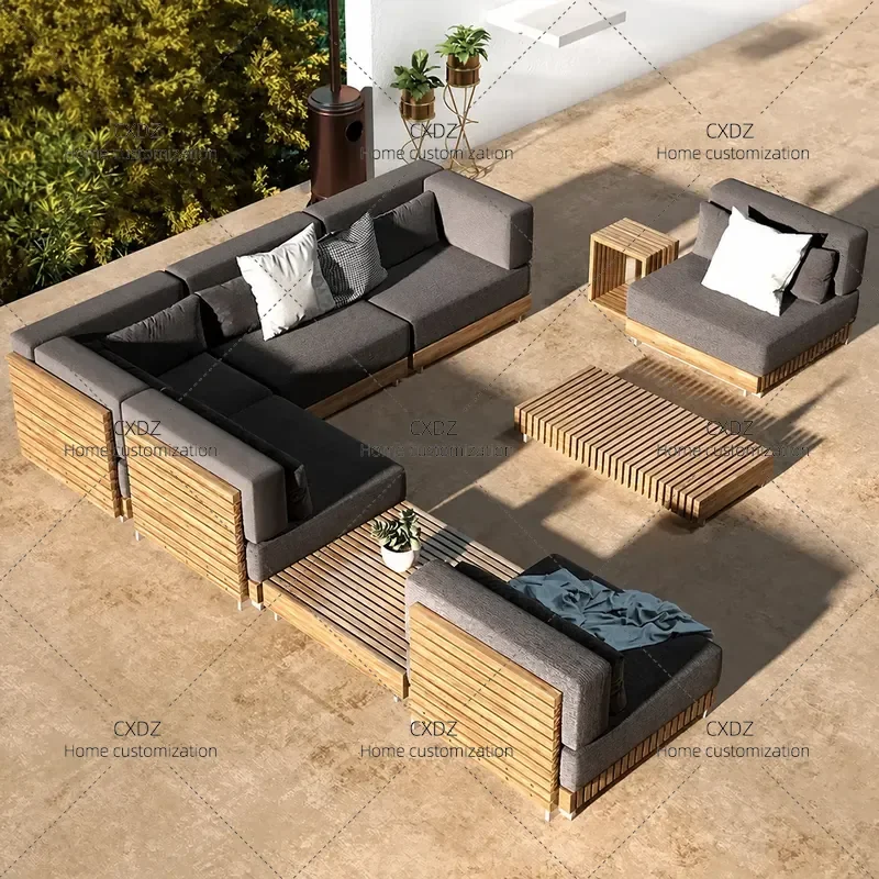 Outdoor Waterproof Sunscreen Sofa Set for Terrace Garden Courtyard Villa High Grade Teak Solid Wood Furniture Combination