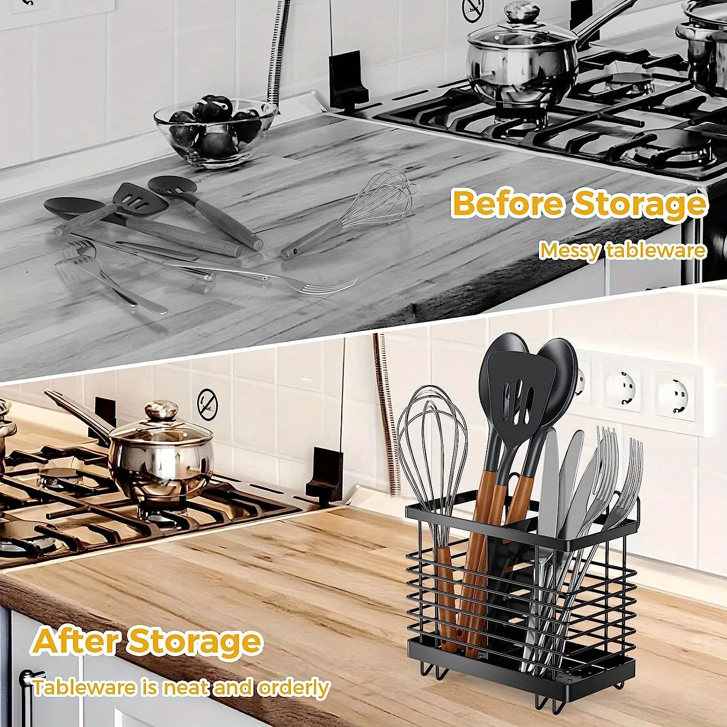 Clutter-Free Large Stainless Steel Kitchen Organizer - Spacious Cutlery & Utensil Holder With Drainage, Perfect For Countertop