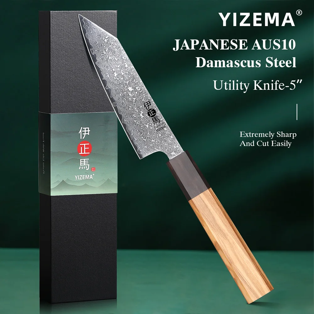 

YIZEMA 5" Utility Knife Damascus Steel Professional Chef Knife Cut Fruit Vegetable Meat Japanese Handmade Kitchen Cooking Tools