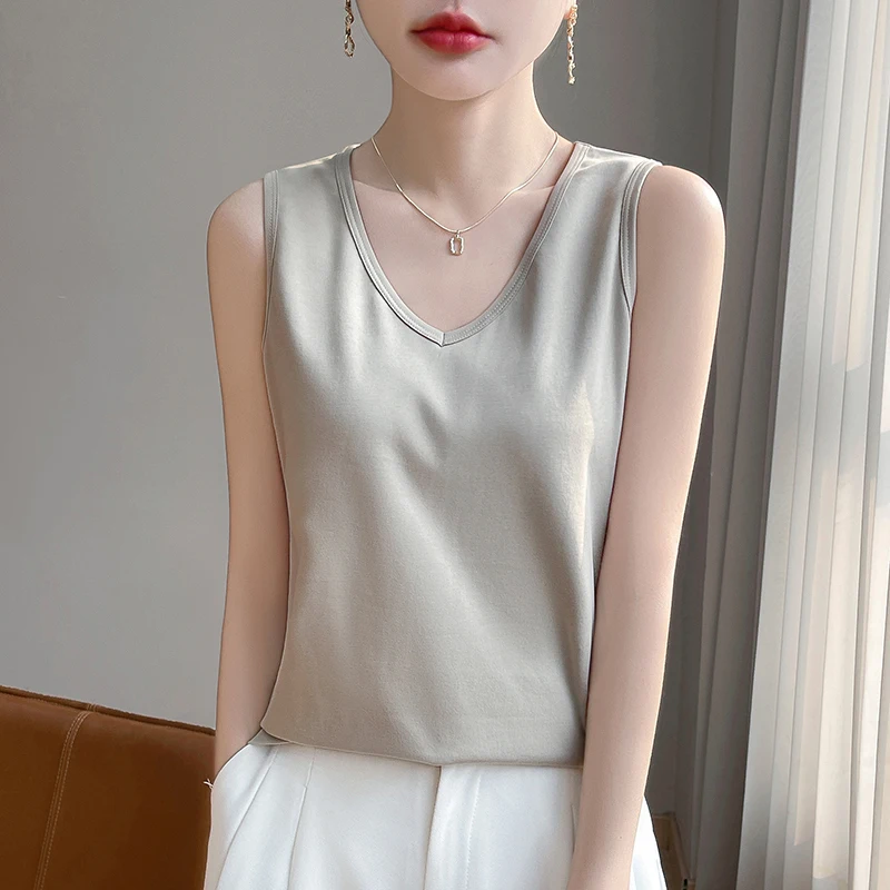 Spring And Summer New Cotton V-neck Suspender Vest With Wide Sleeveless Top And Mercerized Cotton T-shirt