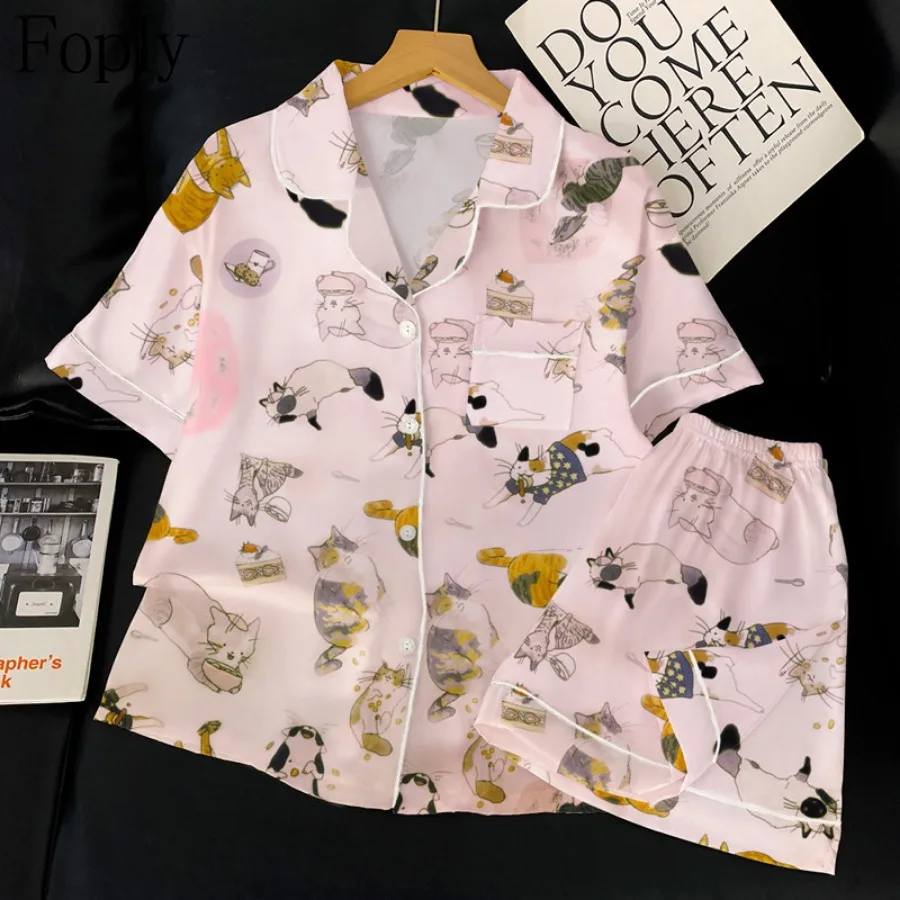 Cartoon Cat Print Women Pajamas Set Spring Summer 2 Piece Pyjama Satin Silk Sleepwear Shortsleeve Shorts Pijama Pjs Loungewear