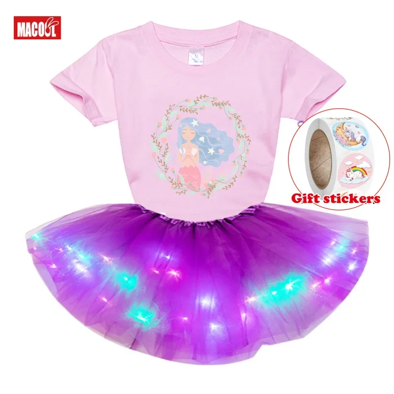 

Girls Birthday Dress Sets Tutu Dress Party Casual Dress Black Girl Short T-shirt+Glow Sequins Skirts Dress+ Children's Sticker