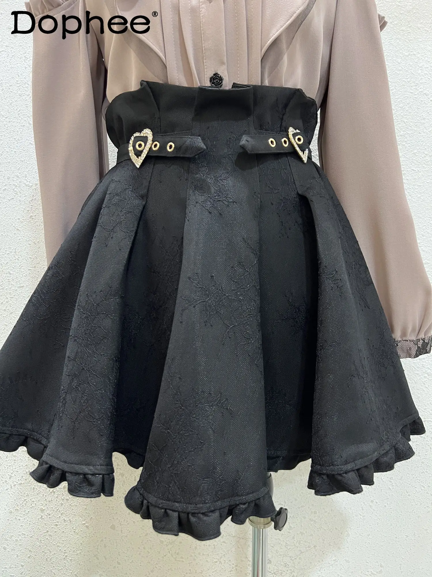 

New 2023 Spring Heart Buckle Rhinestone All-Match Sweet Cute Mini Women Preppy Style Japanese High Waist Black Puffy Skirt