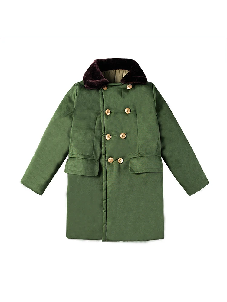 Army Cotton-Mixed Coat Children's Winter Fleece-Lined Army Green Retro Coat Long Northeast Large Cotton-Mixed Jacket Coat