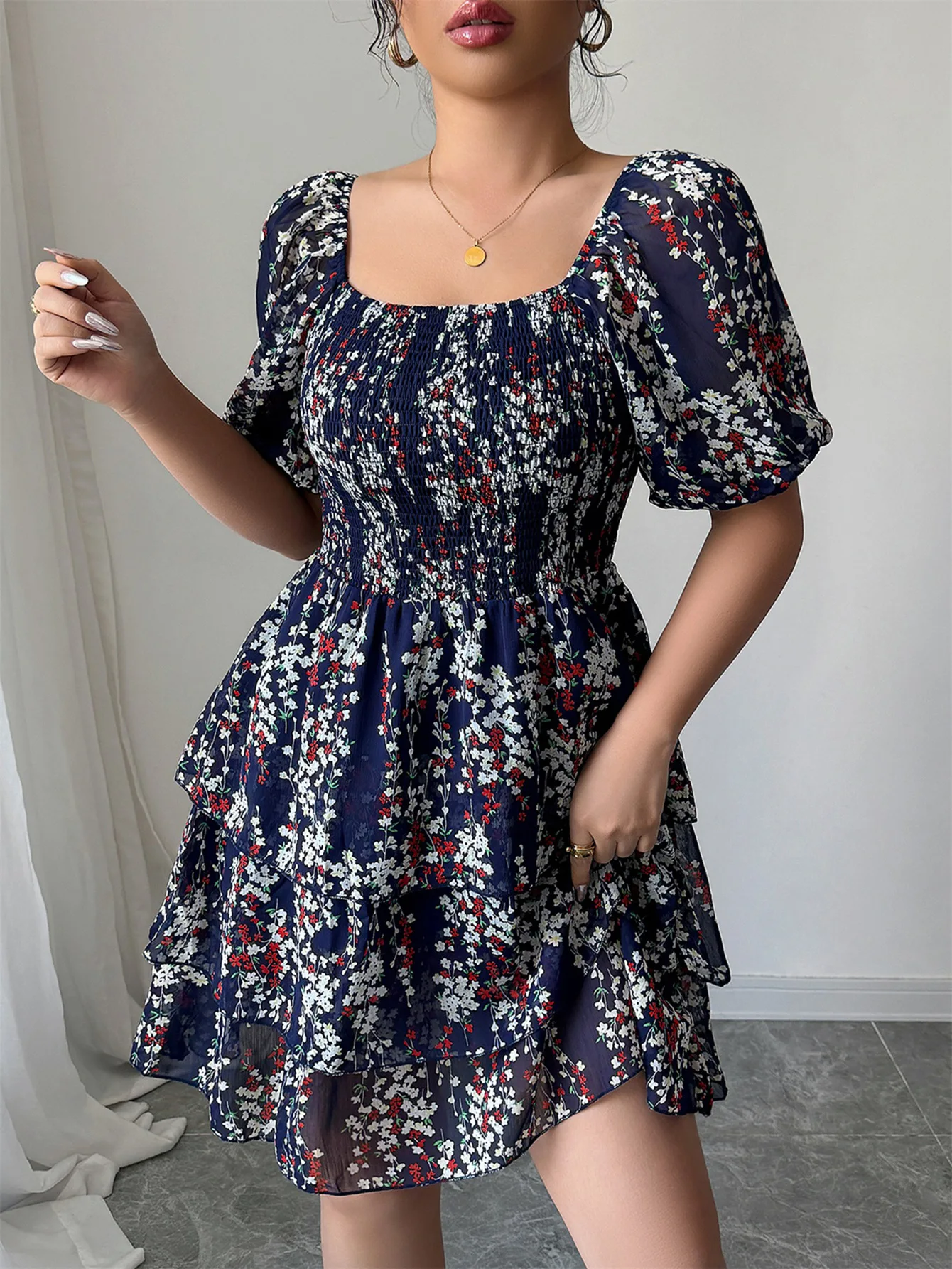 

Elegant style cake skirt dress with summer square collar, flower print lantern sleeves, pleated hem, waist cinching, slim fit A-