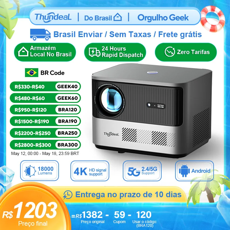 ThundeaL TDA6 Projetor Full HD 1080P 2K 4K Vídeo Home Theater Foco Automático 5G WiFi Projetor Android TDA6W 3D Projetor Portátil