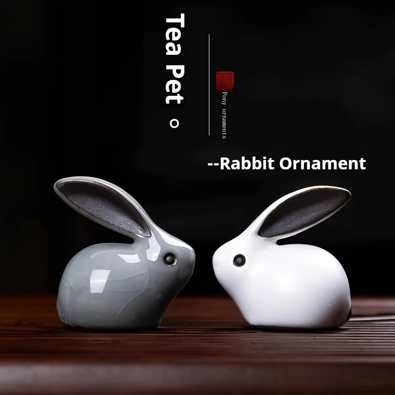 Boutique Rabbit Tea Pet Ornament Household Ceramic Tea Play Personality Ge Kiln Cracking Rabbits Lucky Cute Tea Ceremony Decor