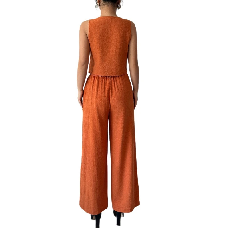 Pant Set Women Two Piece Sets V Neck Sleevelss Vest Tops Solid Wide Leg Long Pants High Waist Y2k Streetwear Elegant Splice