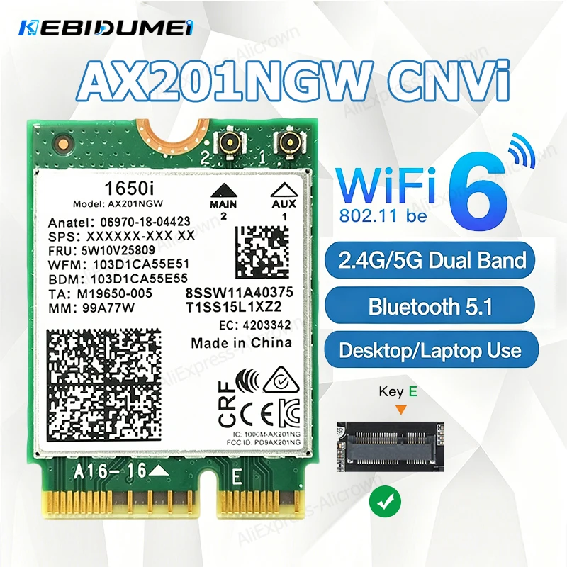KEBIDUMEI AX201NGW M.2 CNVI Network Card 3000Mbps BT5.1 WiFi Card Dual Band 2.4G 5G 9560NGW 2000M CNVio2 Interfaced Adapter
