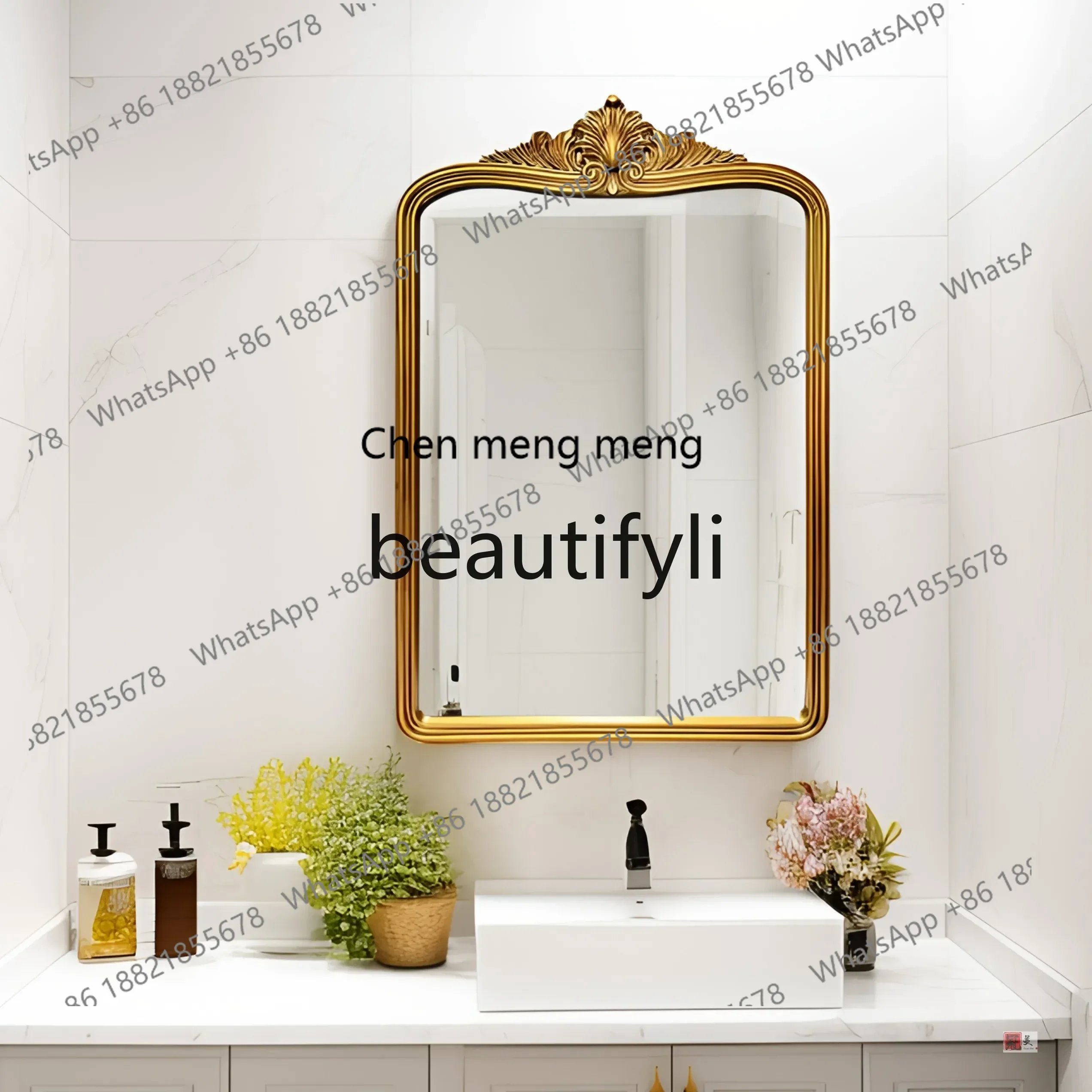 

SS S7486 French retro bathroom bathroom mirror carved porch decorative mirror bathroom LED vanity mirror with light