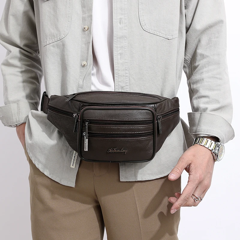 Genuine Leather Waist Bag Men Shoulder Chest Bags Motorcycle Fanny Pack Husband Phone Pouch Sports Belt Tactical Bags Hip Sack