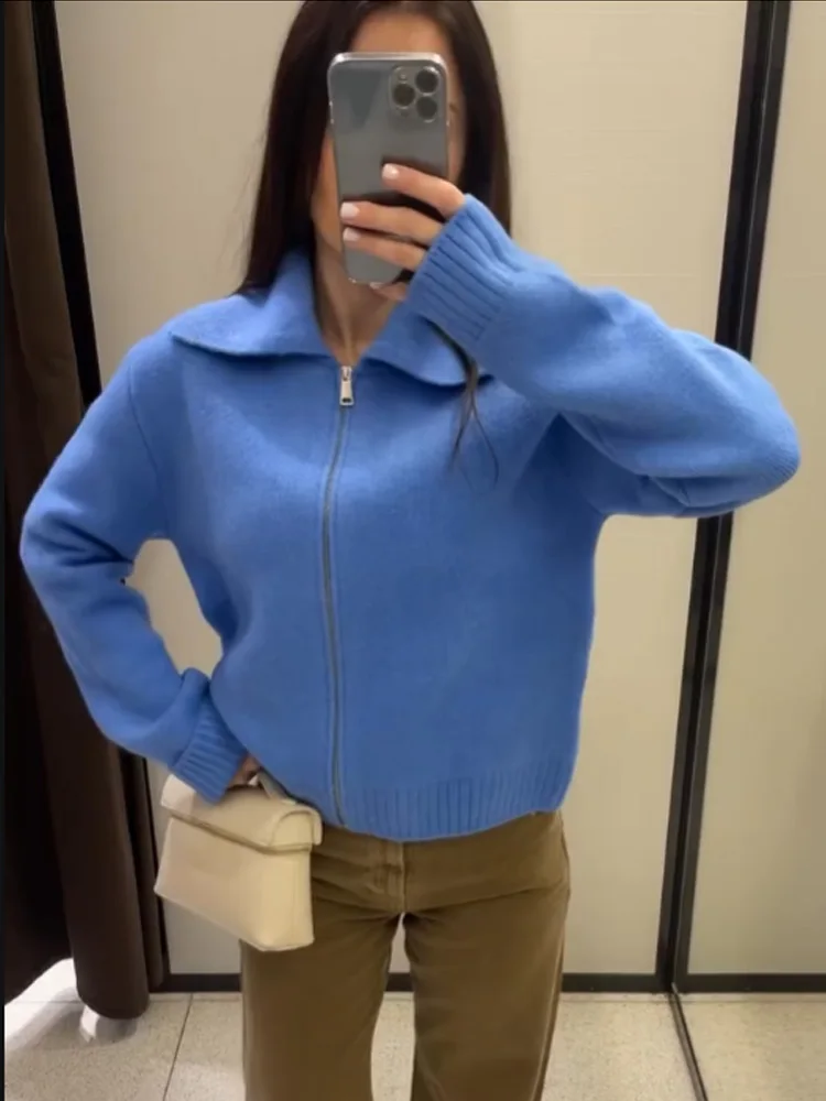 Bright Blue Oversized Collar Cardigan Full Zip Knit Jacket Ladies Slim Fit Cropped Long Sleeve Women Casual Knit Cardigan 260602