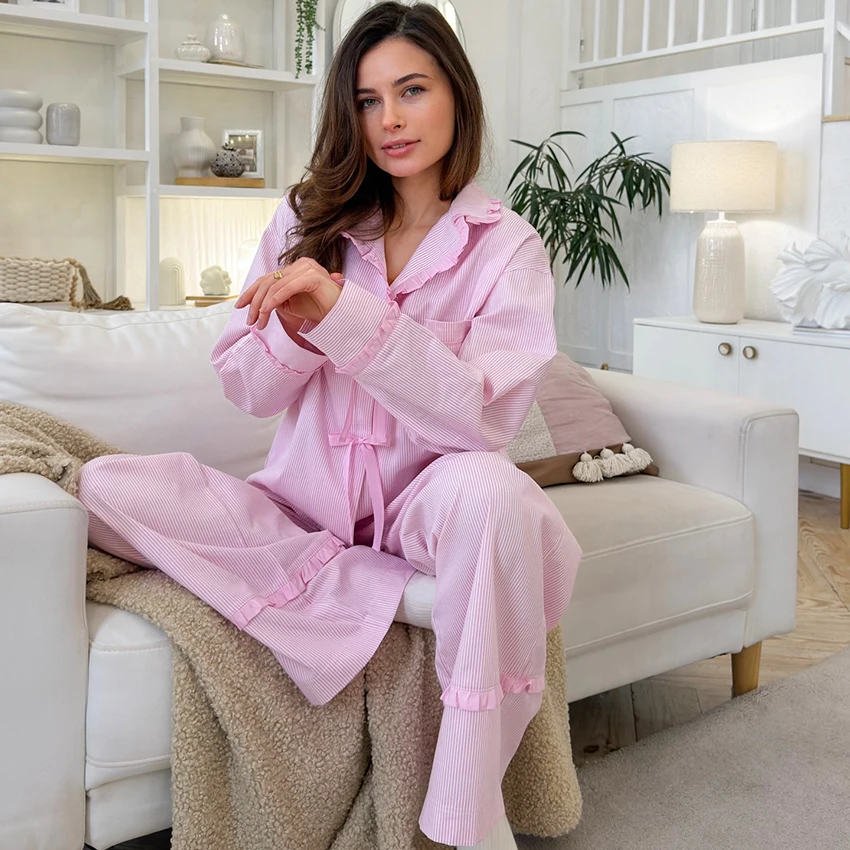 HiLoc Pink Striped Woven Inelastic Woman'S Pajama Two-Piece Suit Ruffle Lapel Long Sleeve Bow Tie Top Elastic Waist Pants 2026