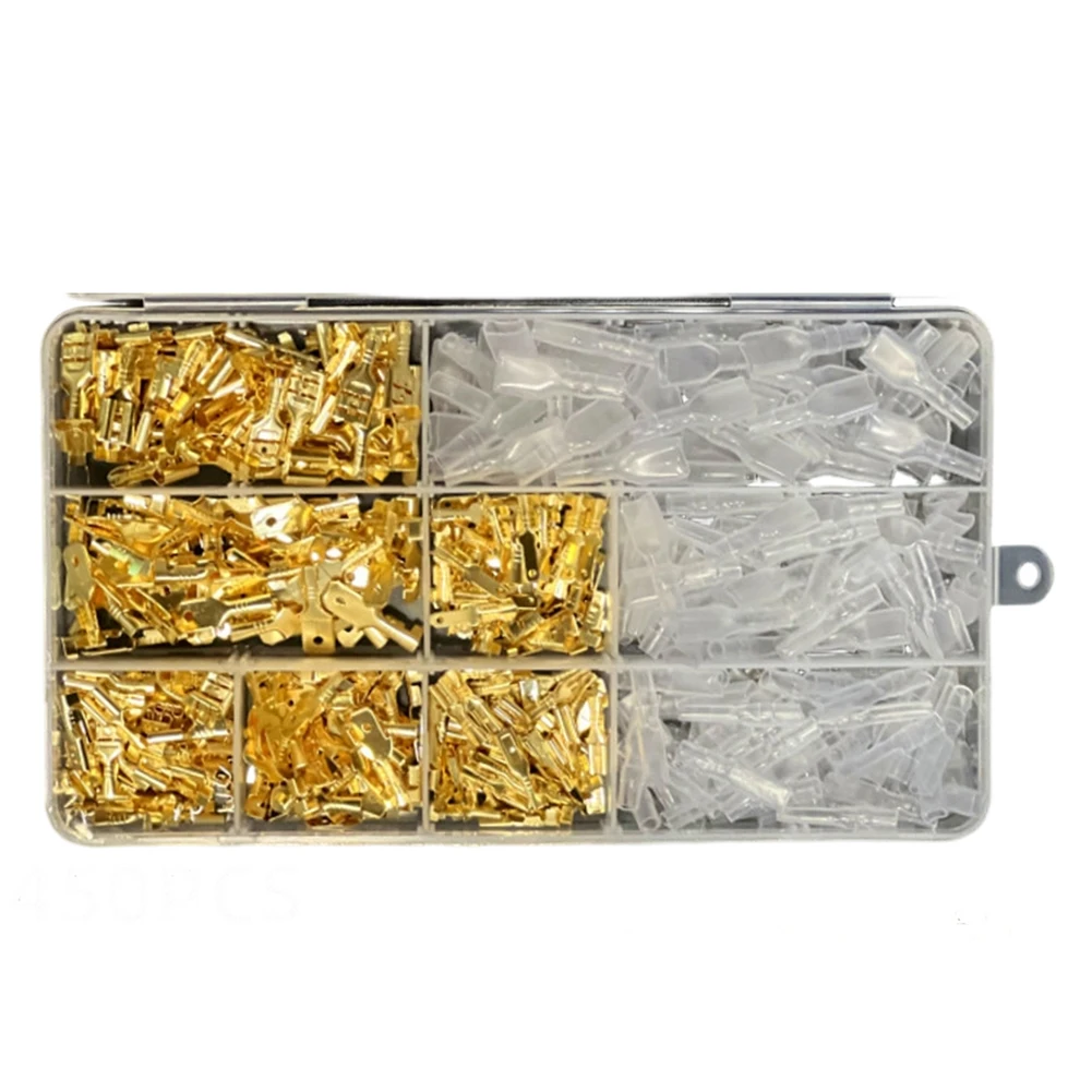 

450 шт. золотистых латунных обжимных клеммных соединителей для электропроводки, 2,8 мм, 4,8 мм, 6,3 мм, гнездовые и штекерные разъемы для проводов