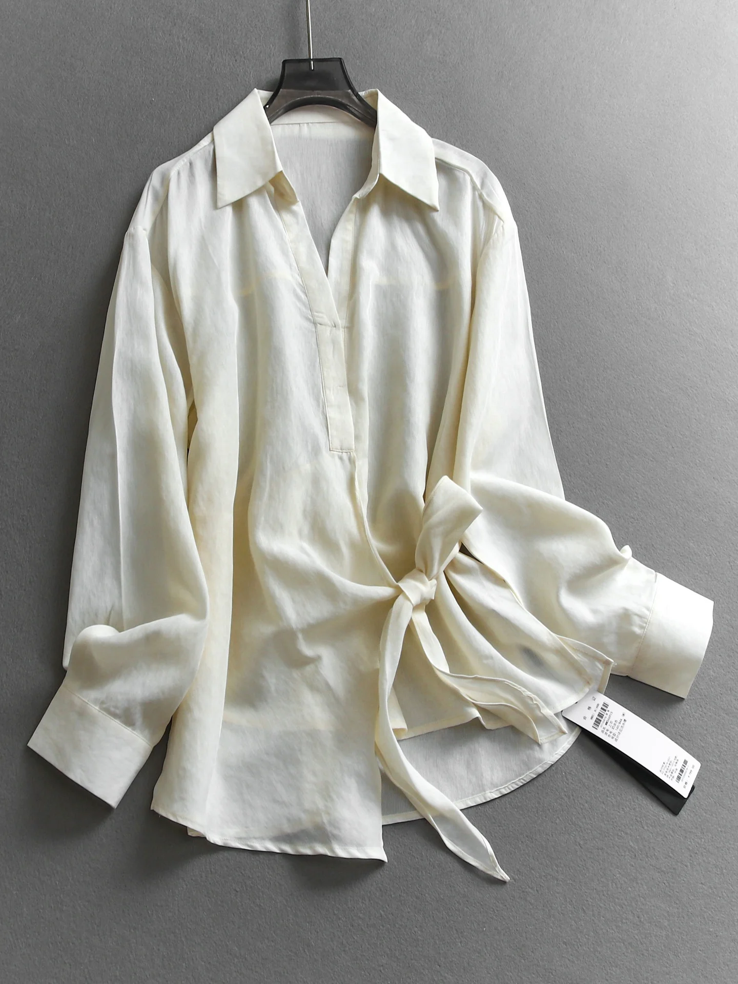 

Linen Blend Casual Long Sleeve Shirt with Belt High Intelligence Commute Simple Style Loose Fit Women's Pure Color Button up
