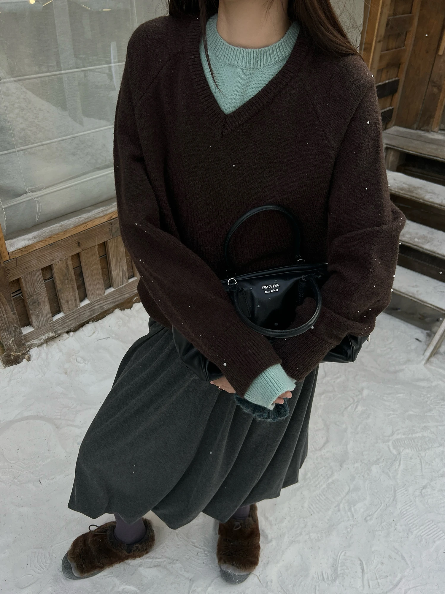 

POXFFEE Women's V-Ne Sweater Loose Fit Korean Sle Polyester Wool Blend Long Sve Outerwear Lazy Chic Design Knitwear