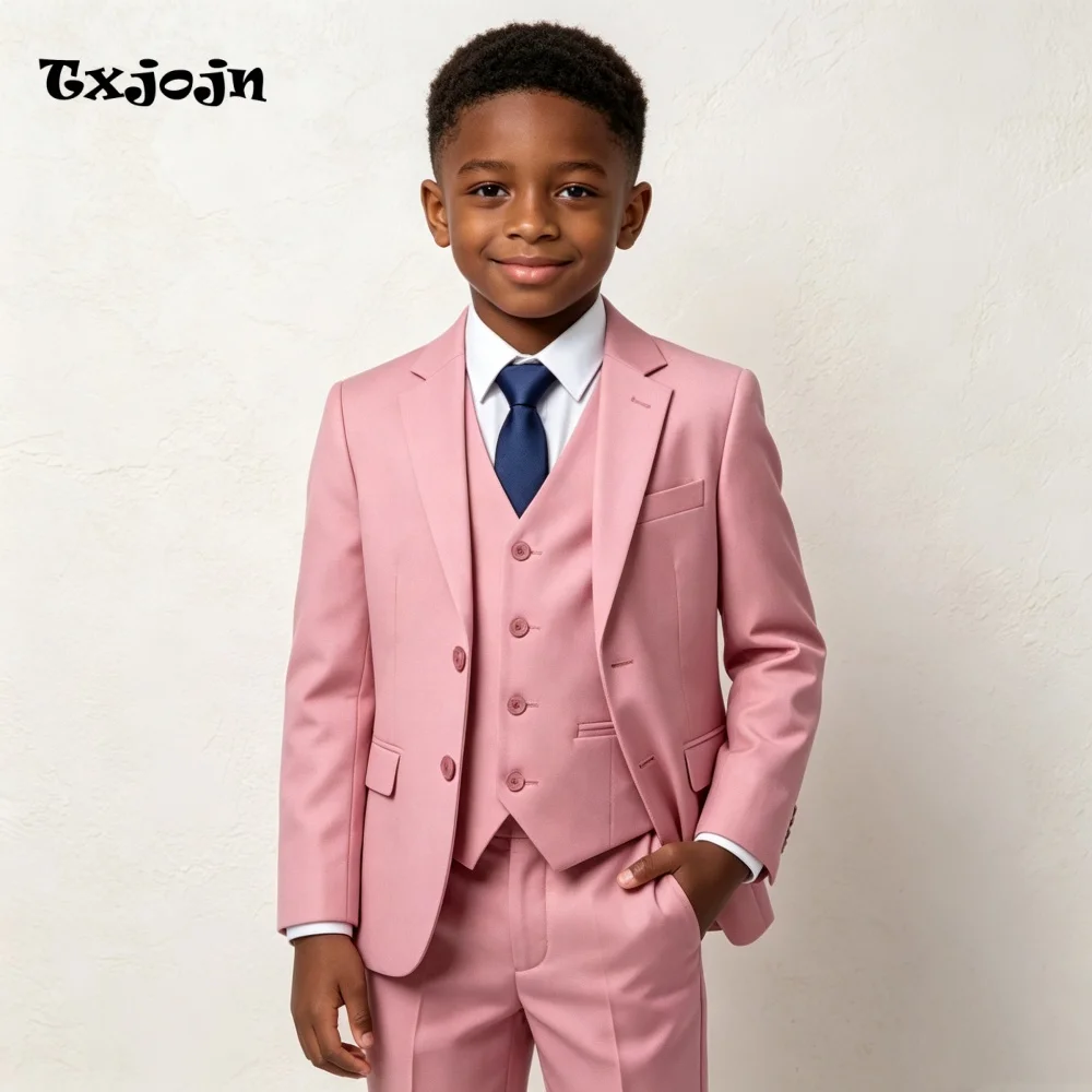 Casual Boys Suit Trend Pink Jacket Pants Vest 3 Piece Set Formal Blazer for Kids Wedding Tuxedo Suits 2-16 Years Custom Cloth