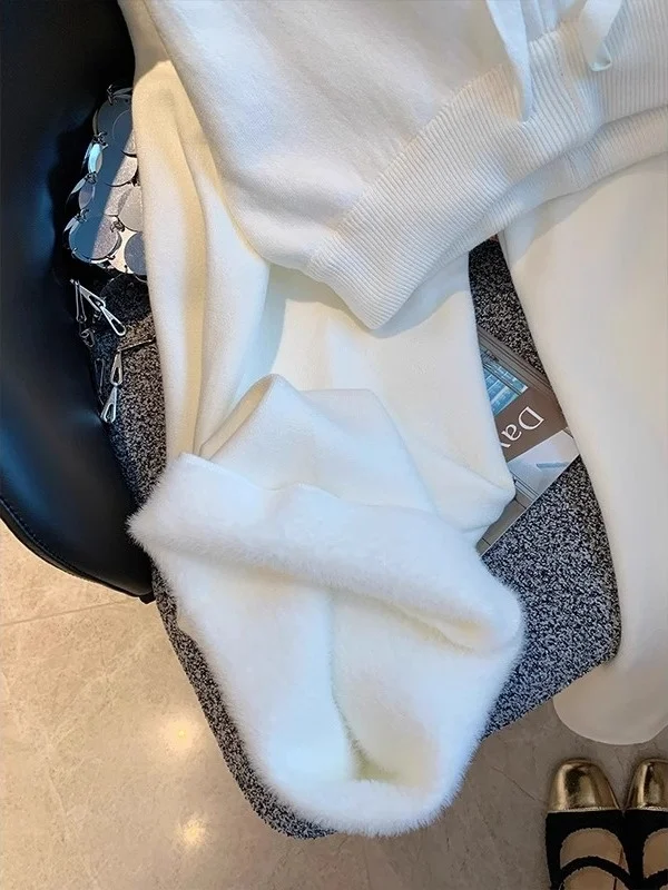 Plones Anchos de Punto con Forro Polar y Cordón Bordado Blanco para Mujer, Plones Suaves de Corte Recto, Cintura Alta...