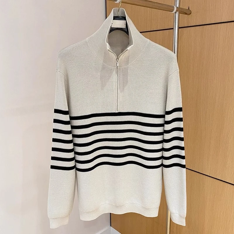 

BC semi-zip turtleneck knitted striped wool sweater