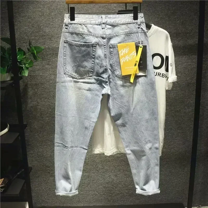 Men's Jeans Light Blue Trousers with Holes Ripped Man Cowboy Pants Japanese Street Style Broken Cropped Torn Classic Original Xs