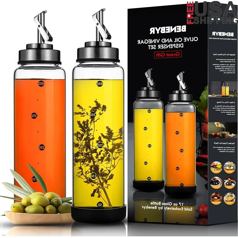 Juego de dispensador de aceite de oliva de vidrio inastillable, botella de cocina a prueba de fugas con boquilla de acero inoxidable, cuello ancho, cocina casera