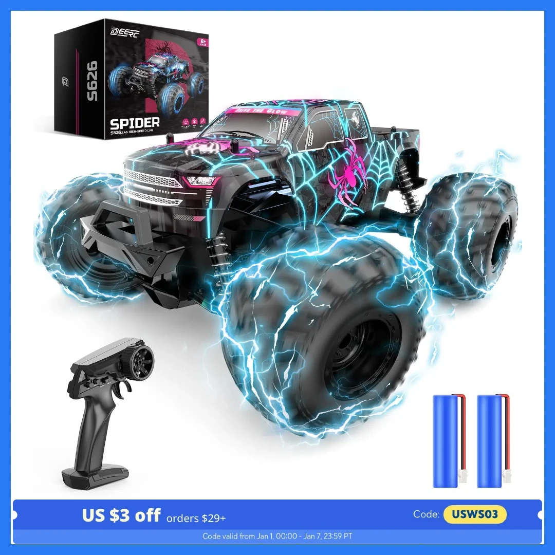 DEERC S626 1/16 Glowing Spider RC Car: Fast, 2 Batteries, 30 Min Play, All-Terrain, Off-Road, Boys' Gift