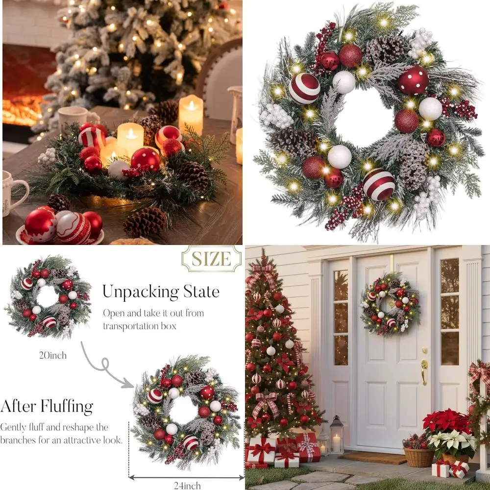 

Large Outdoor Christmas Wreath with Pre-Lit Lights, Red & White Ornaments for Door, Porch, Fireplace, and Holiday Decor