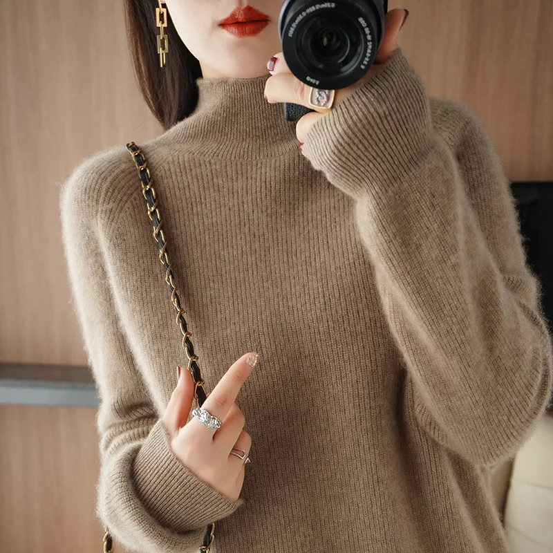 

Autumn and Winter 2022 New Women's Sweater High Collar 100% Pure Wool Knitted Pullover Loose Soft Korean Fashion Top