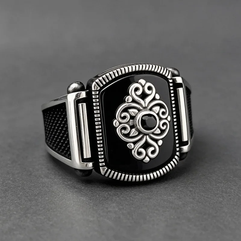 

Retro men's ring with black background, white pattern totem, wide face ring, punk style, domineering fashion accessory