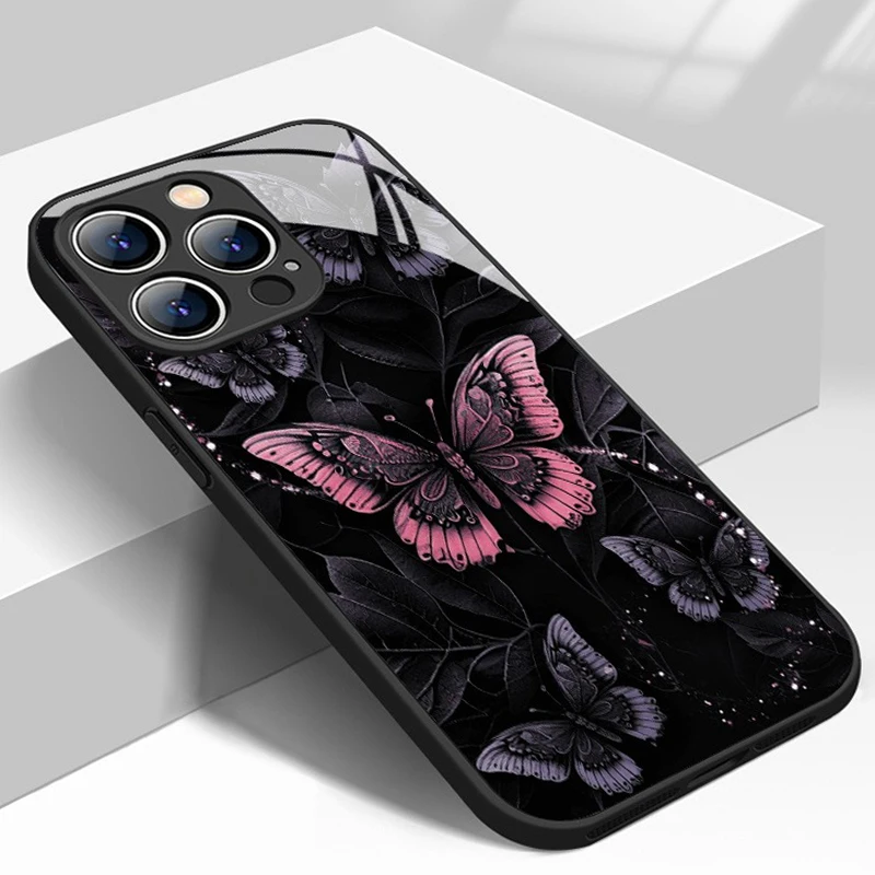 Etui na telefon ze szkła hartowanego Retro Dark Butterfly Pattern do iPhone 11 12 13 14 15 16 17 Pro Max 17Air 16E 7 8 Plus XR XS X Cover