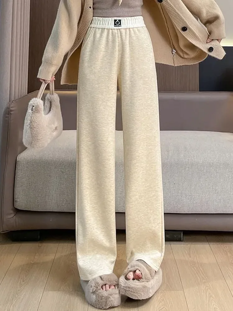 Spliced Design Loose Straight Pants Women Casual Elastic High Waist Sweatpants Korean Fashion Chic Thick Wide Leg Pantalones New