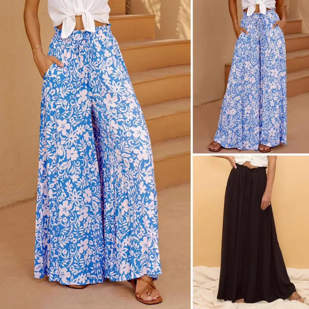 

Women Wide-leg Pants Bohemian Style Women's Wide-leg Pants Vibrant Color Print Elastic High Waist Drawstring Casual Beach for A