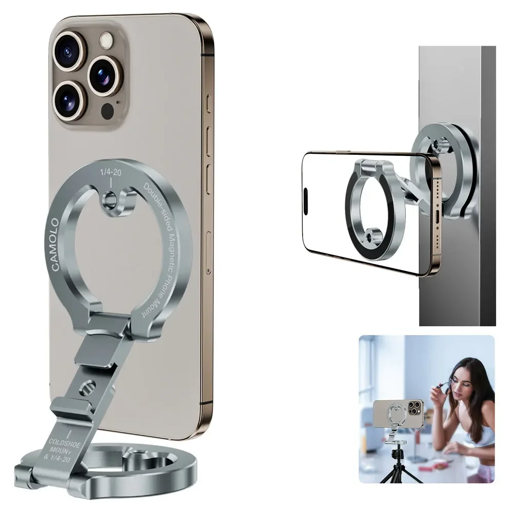 

Magnetic Phone Ring Holder Upgrade Double Sided Kickstand w Cold Shoe 1/4"-20 Hole For MagSafe iPhone 15 14 13 12 Pro/Pro Max