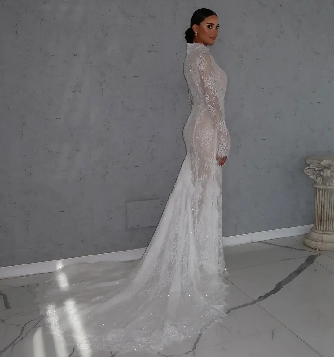 Sexy Boho Wedding Dress High Neck Long Sleeves Full Lace Mermaid Bridal Bride Party Gowns Robe De Mariage
